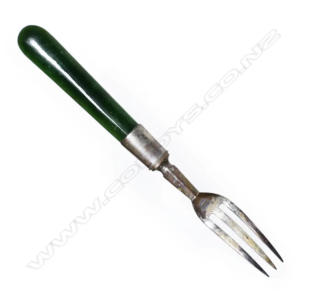 A set of 12 Heinrich Kohn (Auckland) silver and greenstone pickle forks, Image 1++
